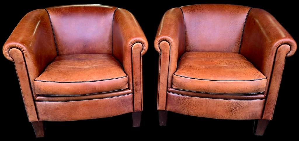 2x Chesterfield club fauteuil cognac leer + BEZORGING GRATIS, Gebruikt, ., Chesterfield, Ophalen of Verzenden
