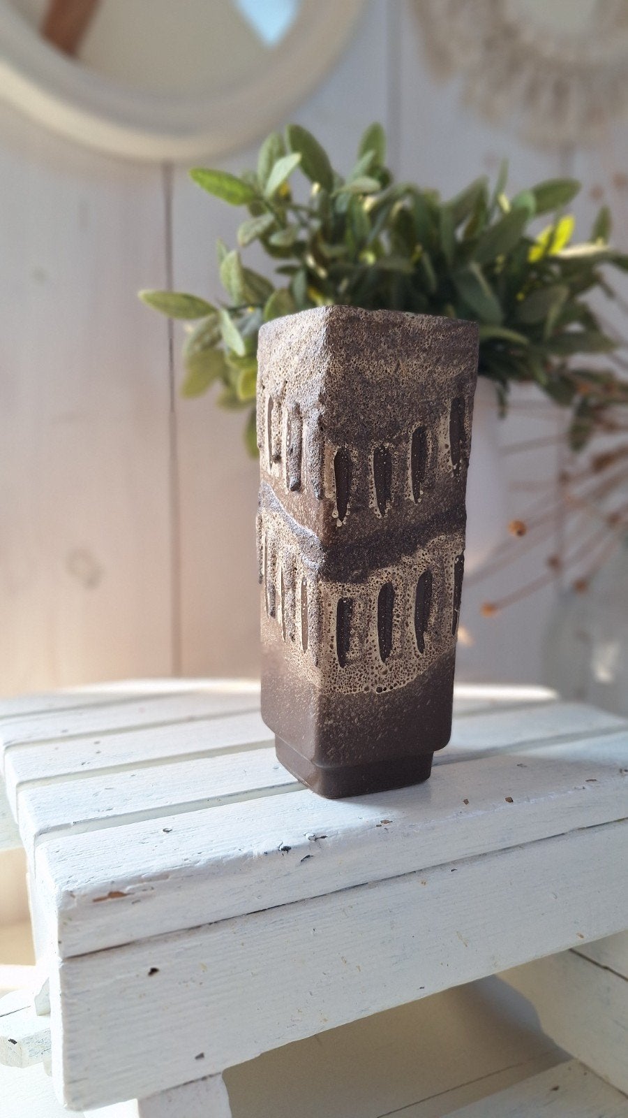Vintage lava vaasje in bruintinten, blokmodel - H17, Ophalen of Verzenden