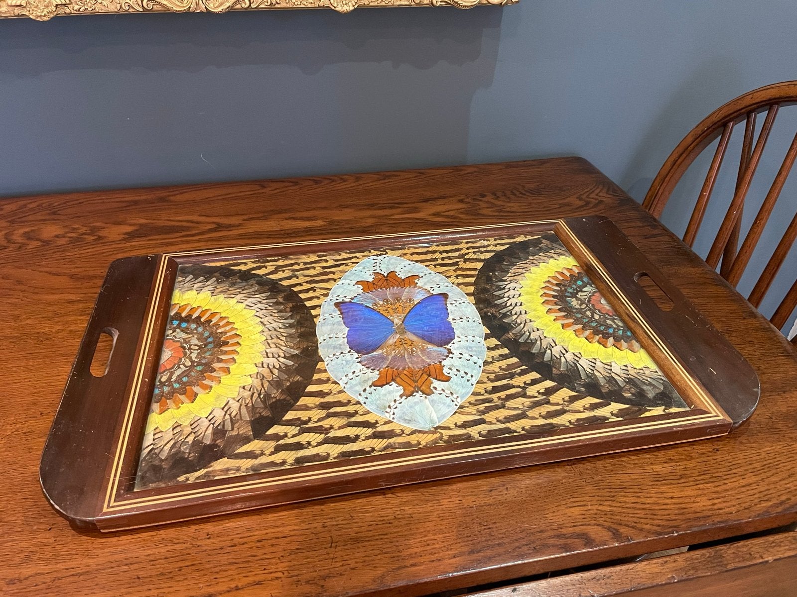 Antiek dienblad met vlindervleugelmozaïek uit 1930 brazilië, Ophalen