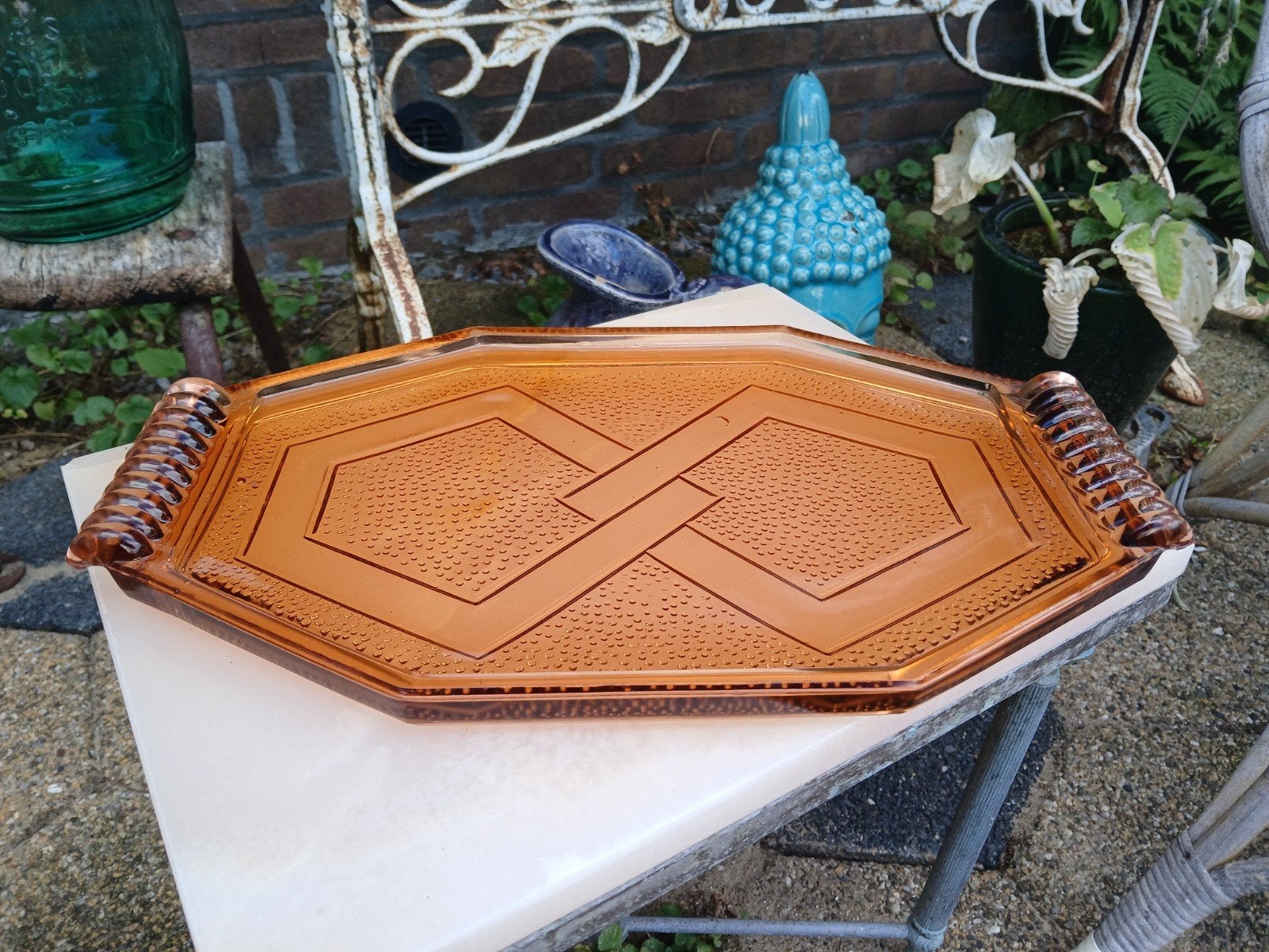 Antiek Art Deco Oranje Glazen Serveerschaal/Dienblad, Ophalen of Verzenden