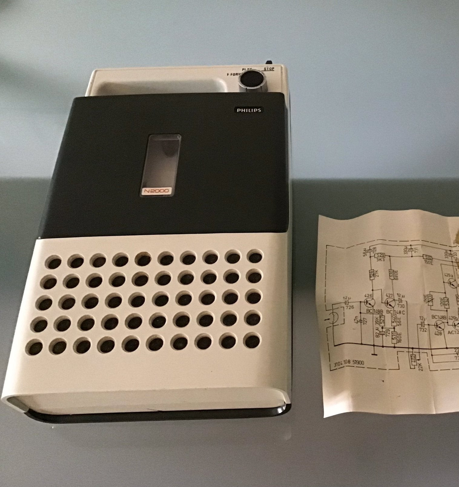 cassette- Recorder  Philips 1972 N2000 (geen geluid) +schema, Ophalen of Verzenden, Philips