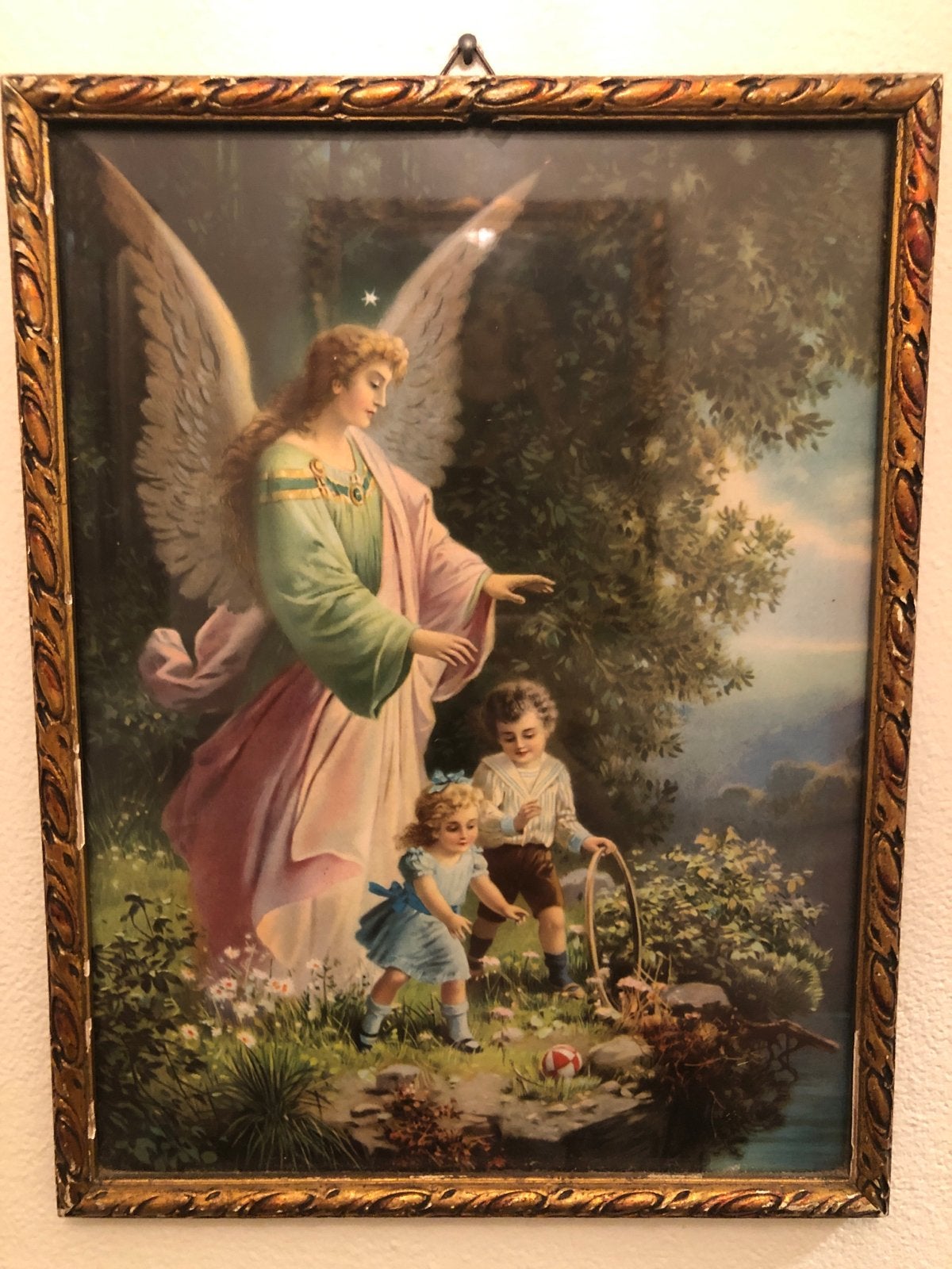 Antieke ingelijste engel met kinderen print, Portret of Personen, Ophalen of Verzenden, Klassiek, Print