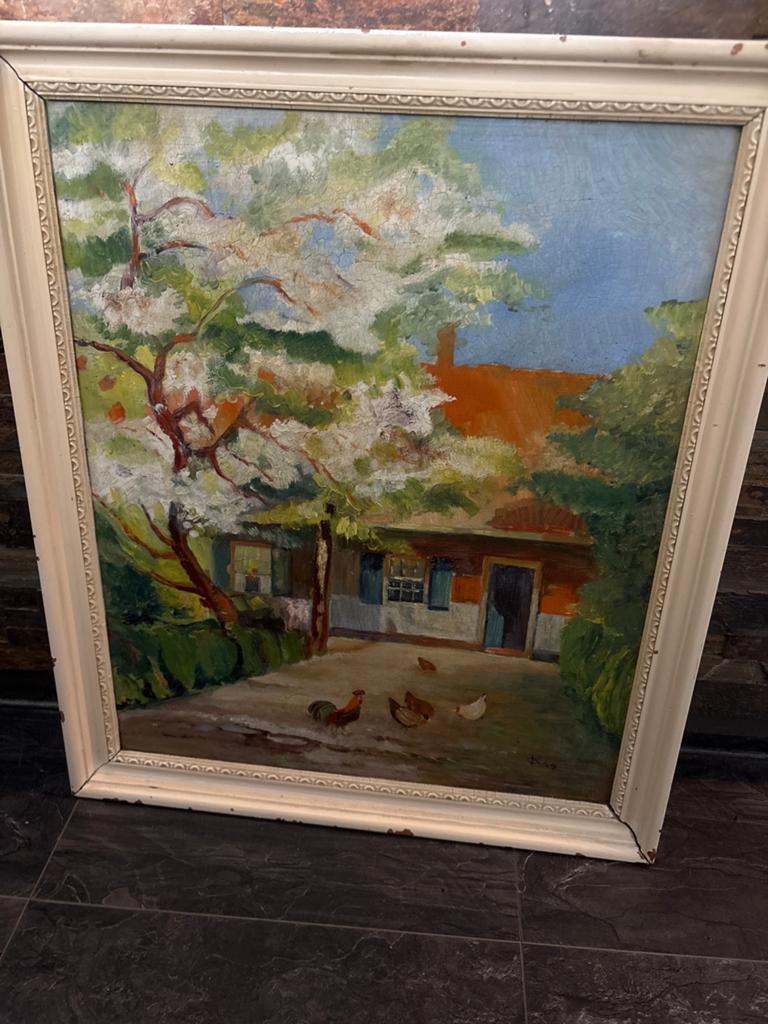 Oud schilderij: Boerderij met bloeiende boom en kippen, Antiek en Kunst, Ophalen