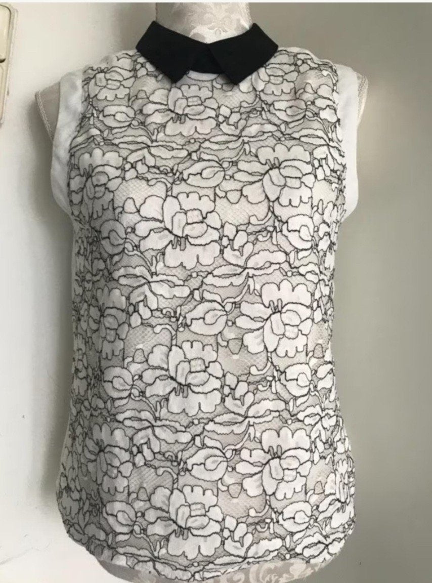 Mouwloze Kanten Blouse Wit-Zwart, Wit, Ophalen of Verzenden, Zo goed als nieuw, Maat 36 (S)