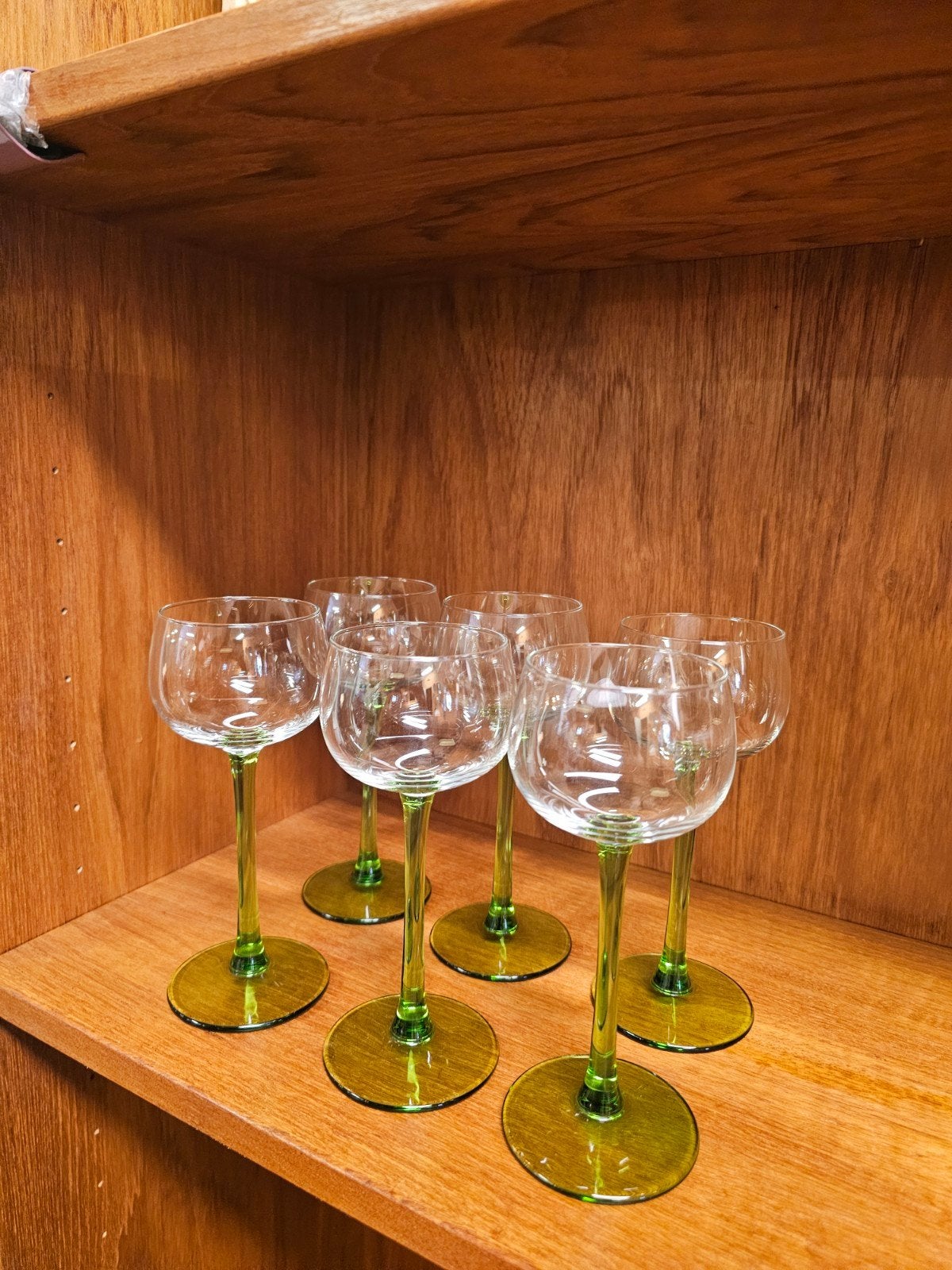 Set Van 6 Vintage Wijnglazen Groene Voet Glazen, Ophalen of Verzenden