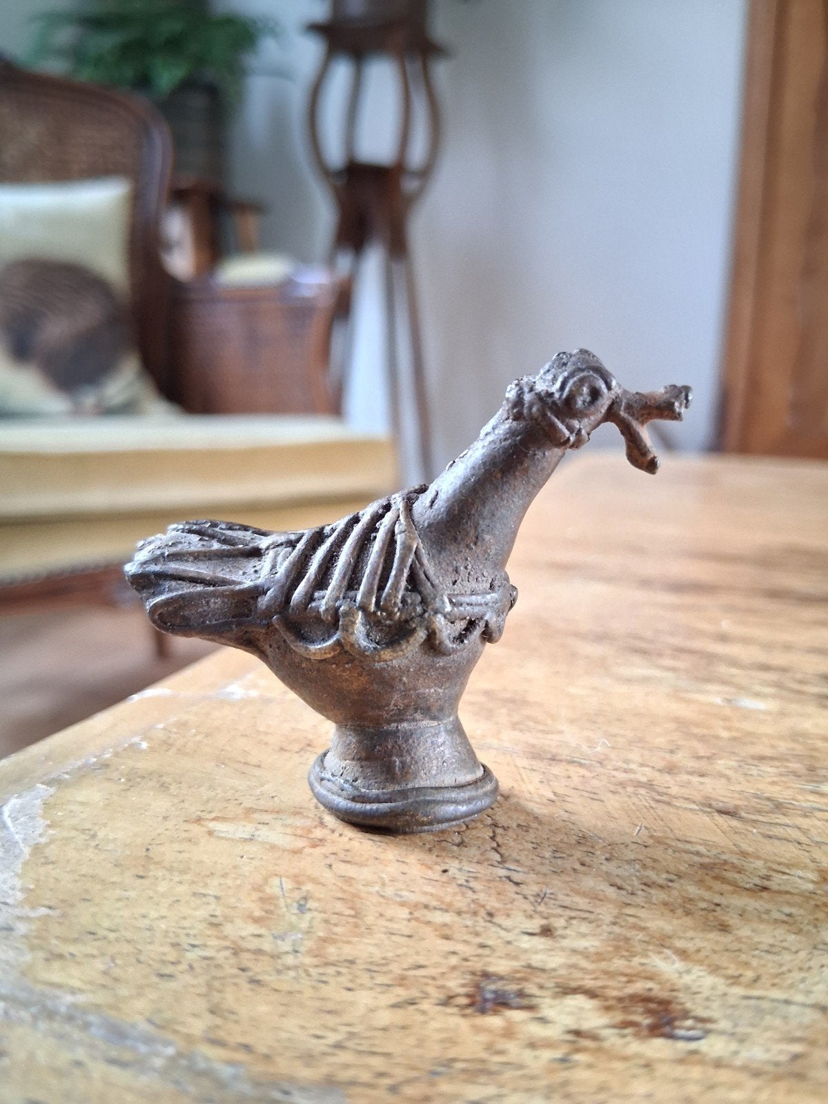 Antiek bronzen vogelbeeldje, mogelijk gewicht of pijpstamper, Ophalen of Verzenden
