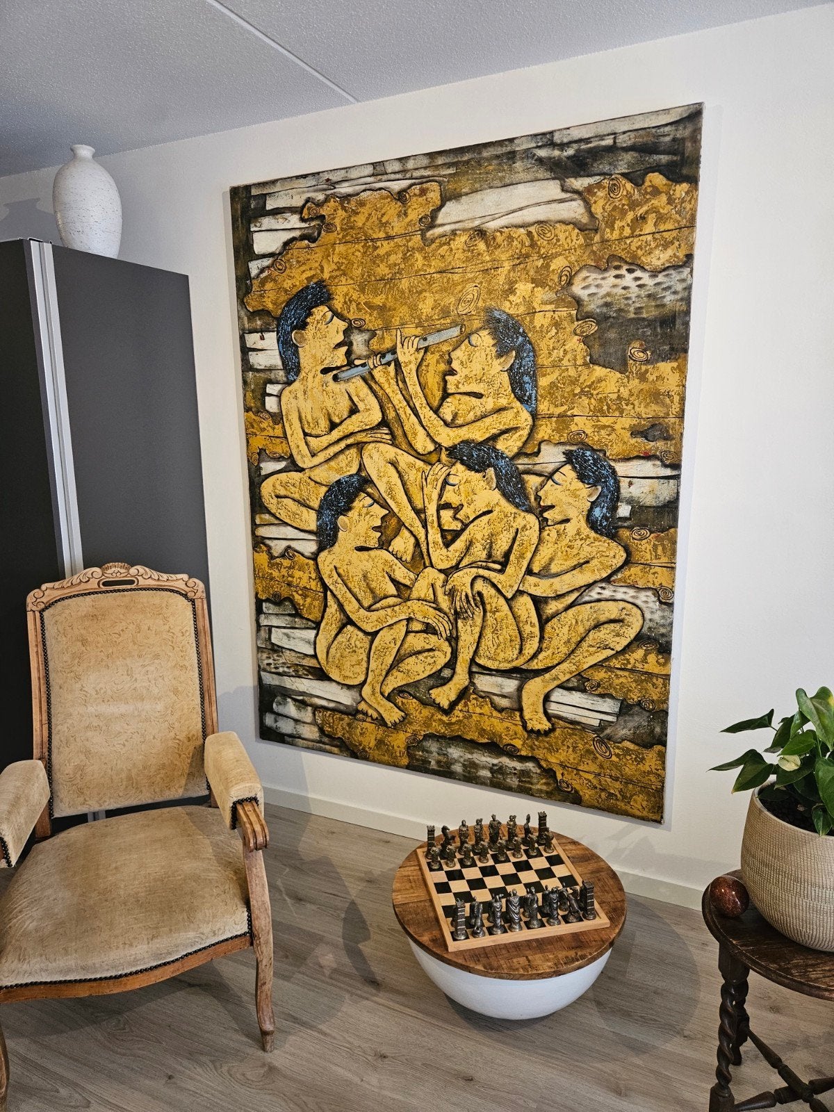 Groot schilderij: 5 naakte vrouwen in aardetinten, Ophalen, Textiel, Gesigneerd, Acrylverf