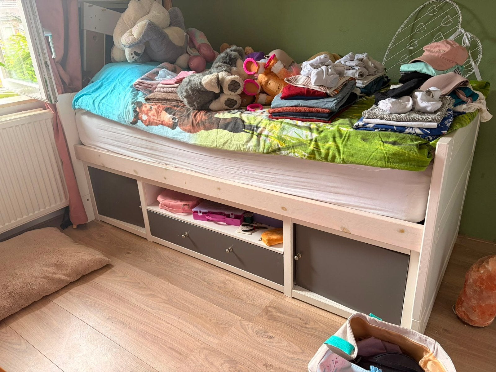 Halfhoogslaper massief hout met opbergruimte, Ophalen, Gebruikt, 90 cm, Eenpersoons