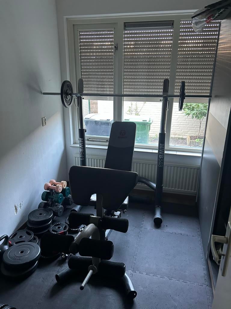 Complete Fitness Set: Krachtbank, Halters & Gewichten, Sport en Fitness, Fitnessmaterialen, Ophalen, Gebruikt, Benen, Fitnessbank