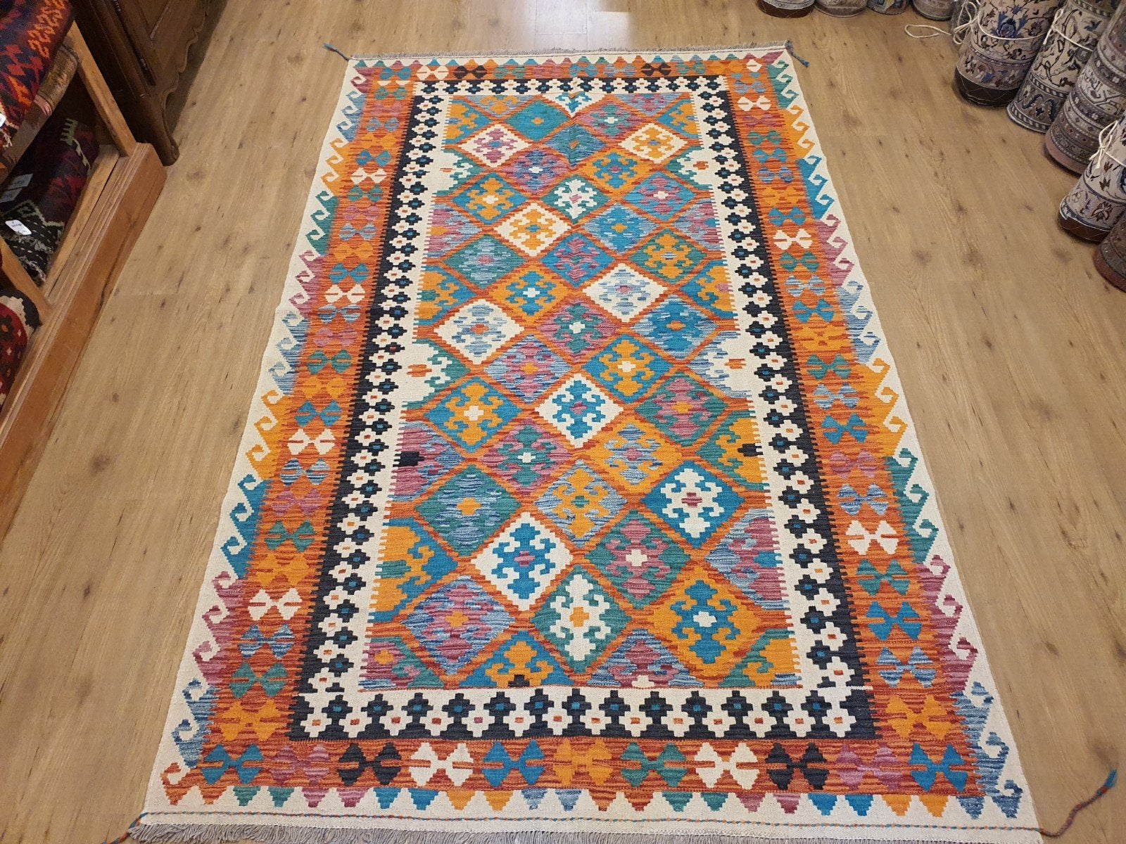 Handgeweven oosterse wollen kelim 265x160, Info@SlatsAntiek.nl, 150 tot 200 cm, Ophalen of Verzenden, Kelim