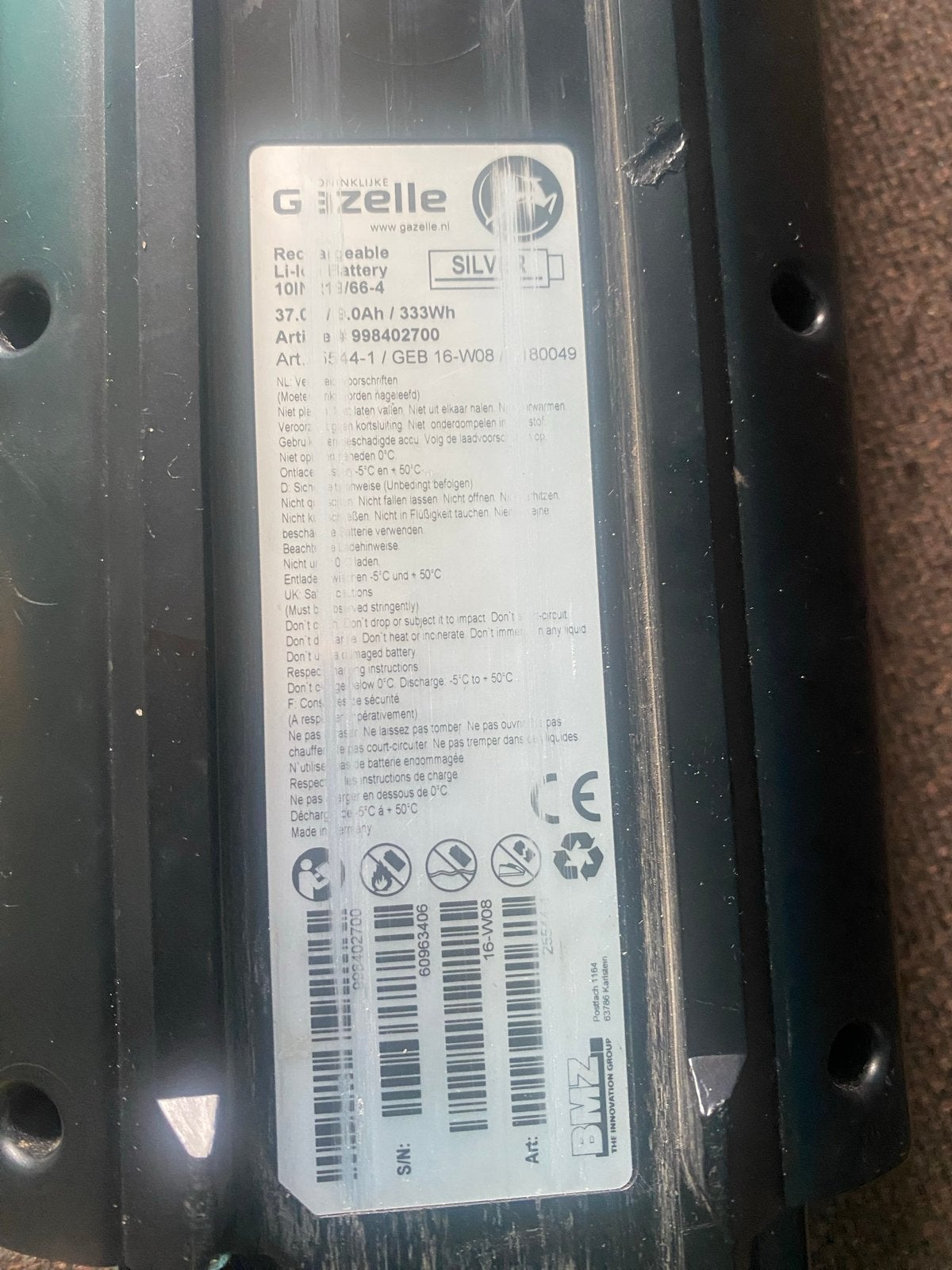 Gazelle fietsaccu 10Ah 37V 333Wh - Goede staat, Ophalen, Nieuw