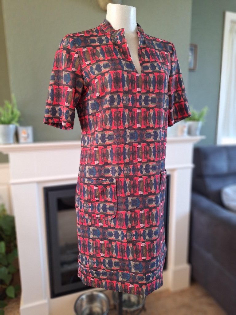 Caroline Biss rood groene blauwe jurk zakken 40, Kleding | Dames, Jurken, Maat 38/40 (M), Verzenden, Zo goed als nieuw, Knielengte