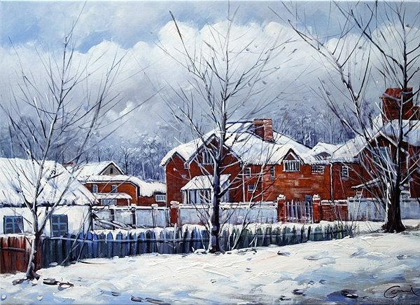 Winter Day van Cami – handgeschilderd gesigneerd schilderij, Antiek en Kunst, Ophalen, Gesigneerd, Acrylverf, Landschap