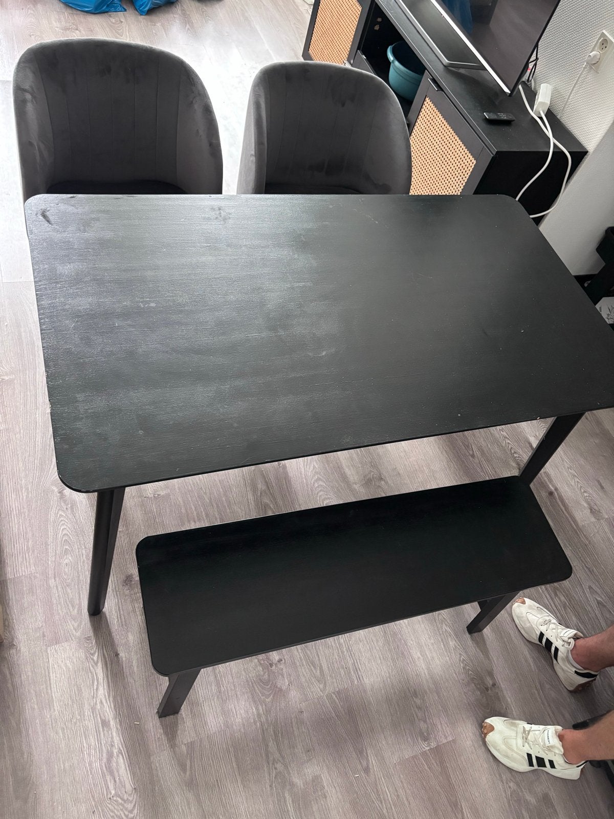 Eetkamerset: Tafel, 2 Stoelen & Bankje - Zwart/Grijs, Ophalen, Gebruikt, Minder dan 4 stoelen
