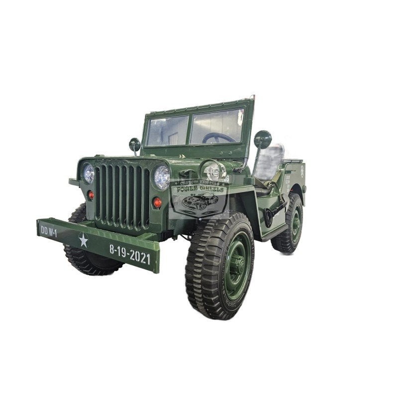 Elektrische kinderjeep Willy ‘s 24 volt xl legergroen 2P, Power wheels elektrische kinderauto, Nieuw, Info@power-wheels.nl, Oderweg 1 Amsterdam