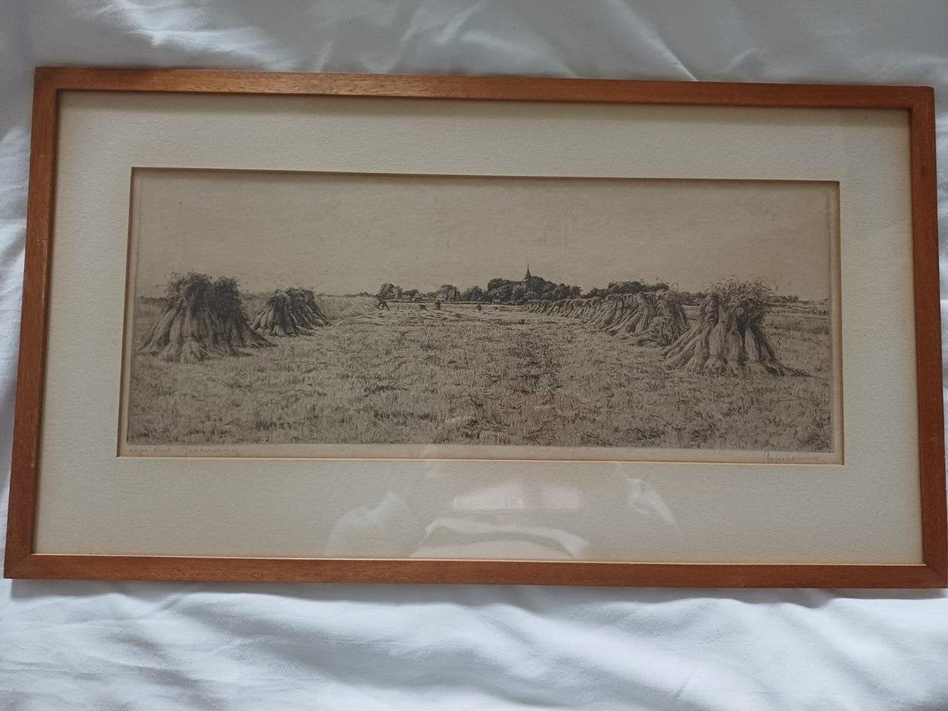 Mooie ingelijste Ets Jan Coenraad Nachenius Korenschoven, Ingelijst, 33 cm, Landschap, 60 cm