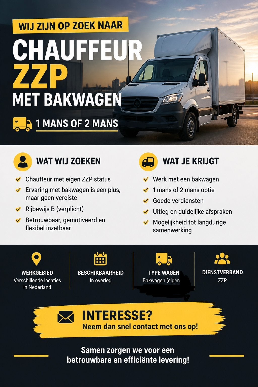 GEZOCHT ZZP CHAUFFEUR MET BAKWAGEN, 33 - 40 uur, Overige niveaus, Overige vormen