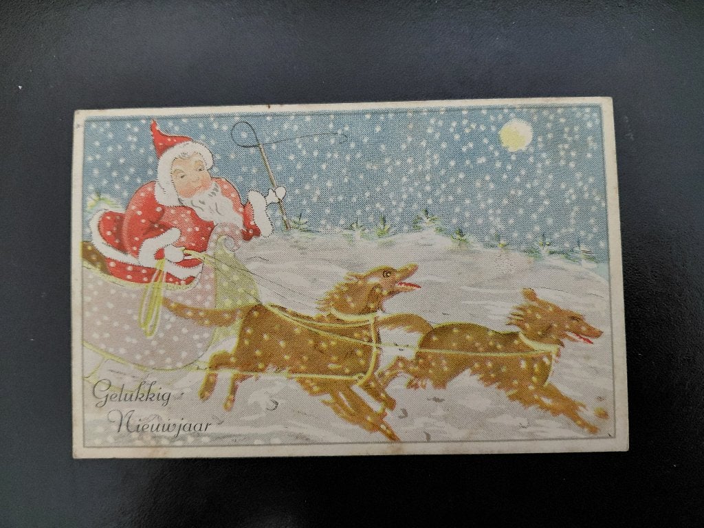 Kerstman met slee en honden, sneeuwvlokken vallen, 1949., Verzamelen, Verzenden, 1940 tot 1960, Gelopen, Feest(dag)