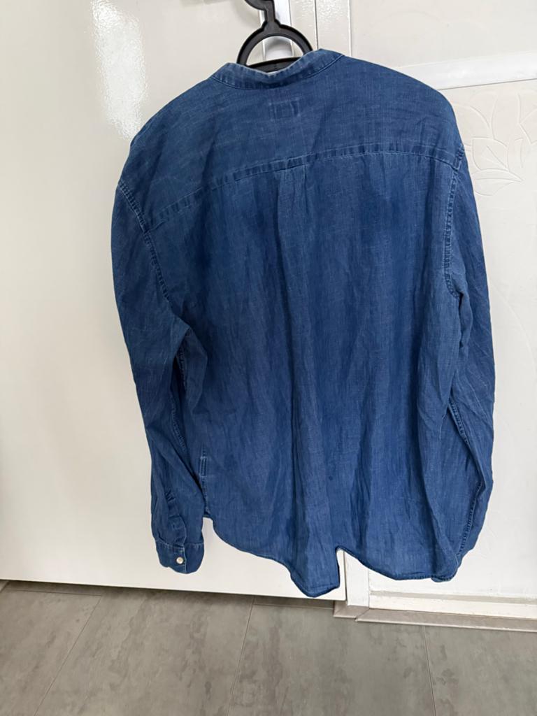 H&M Denim overhemd met opstaande kraag - Maat L, Kleding | Heren, Ophalen of Verzenden, Zo goed als nieuw, Blauw, Halswijdte 41/42 (L)