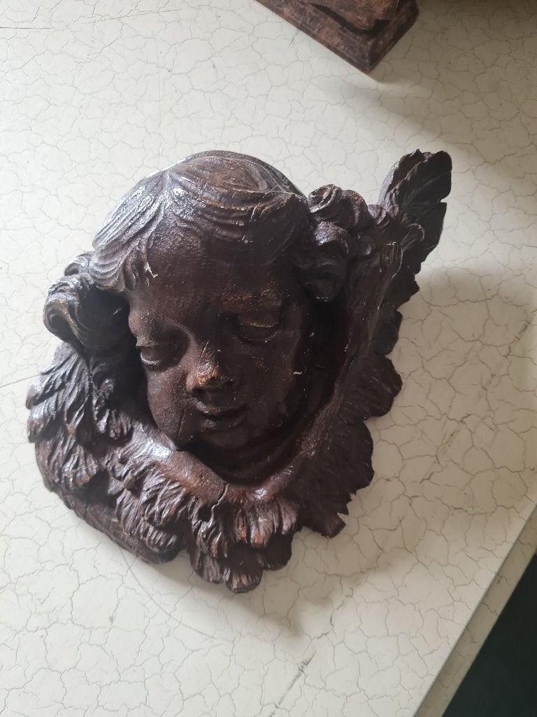Vintage gipsen engelen hoofd, hout look, Heikant 21 Kaatsheuvel, 25 cm, Belle Vieille Brocante, Decoratieobject