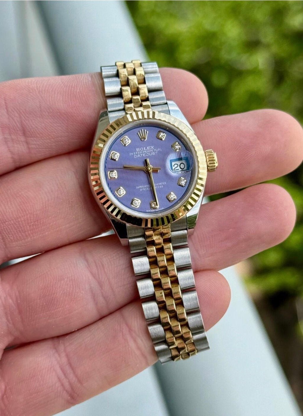 Rolex Lady Datejust 28 Factory Purple Diamond Wijzerplaat, Ophalen of Verzenden, Zo goed als nieuw, Staal, Rolex