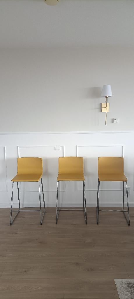Set of 3 IKEA leather bar stools (mustard) - Total 50 EUR, Huis en Inrichting, Barkrukken, Ophalen, Gebruikt, Met voetsteun, Leer