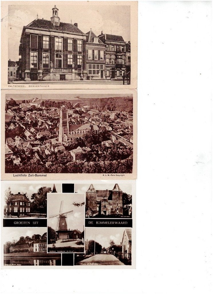 Drie oude ansichtkaarten van Zaltbommel en de Bommelerwaard, Verzenden, Met tekst, 1900 - 1949, Overige technieken