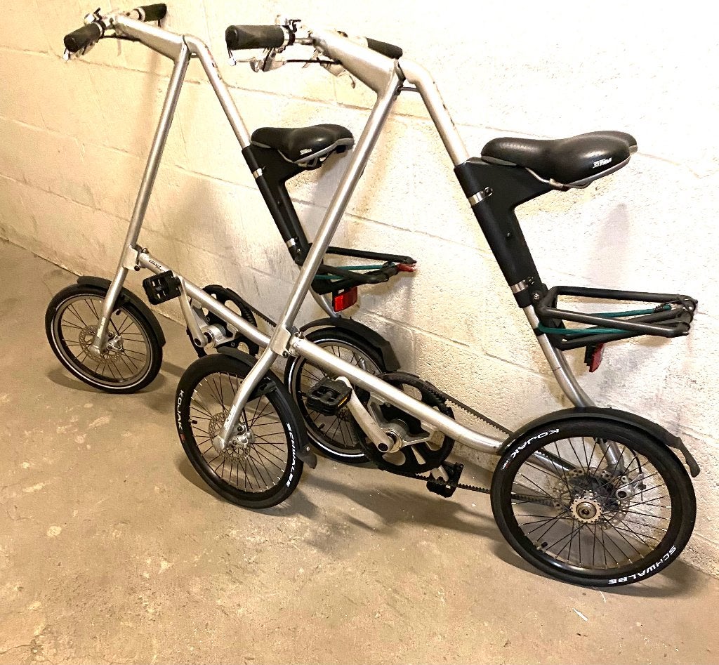 2 Strida vouwfietsen met accessoires, 14 tot 16 inch, Zo goed als nieuw, Totaal opvouwbaar, Schijfrem