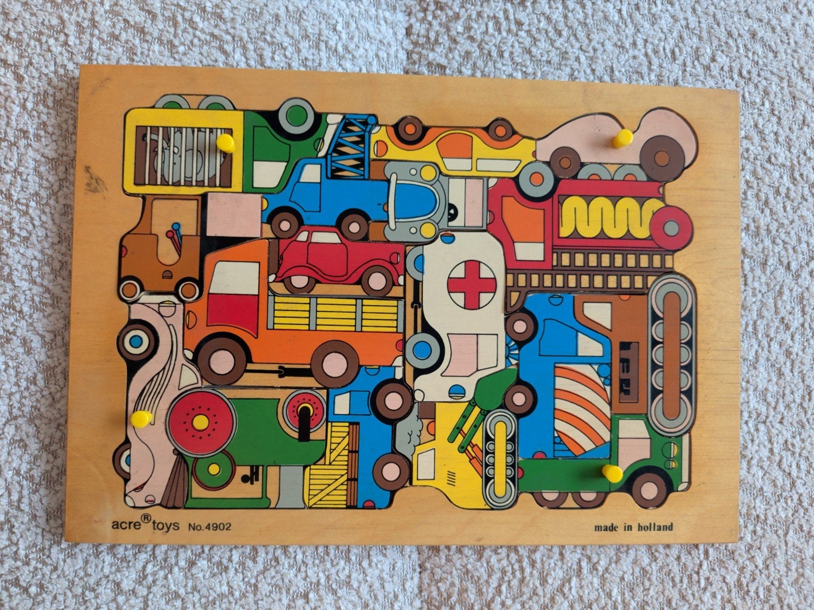 Vintage houten Acre Toys puzzel - Voertuigen, 2 tot 4 jaar, 10 tot 50 stukjes, Ophalen of Verzenden, Zo goed als nieuw