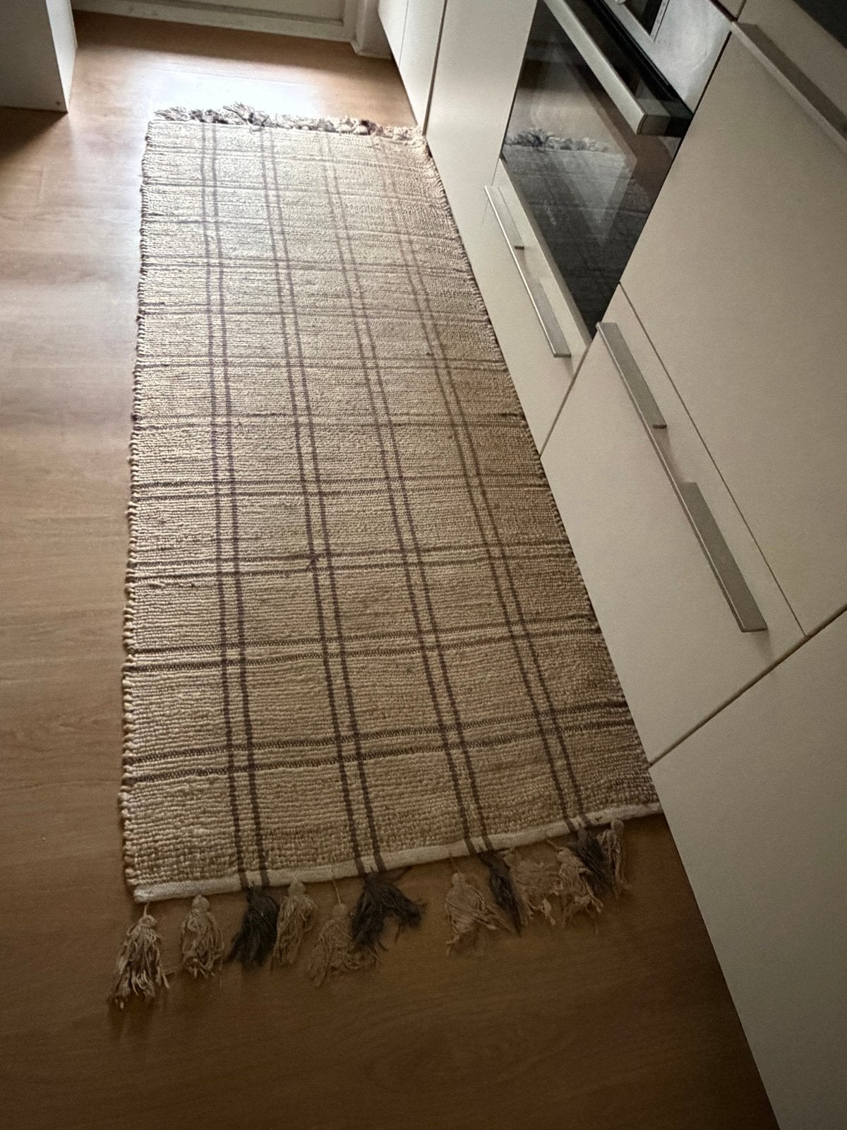 Langwerpig vloerkleed met ruitpatroon 80cm x 210cm, Ophalen, Gebruikt, Beige, 50 tot 100 cm