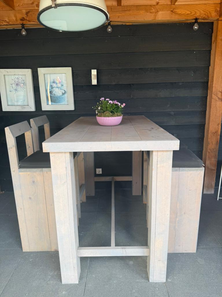 Stijgerhouten tuintafel met 4 krukken, Ophalen of Verzenden, Zo goed als nieuw, Rechthoekig