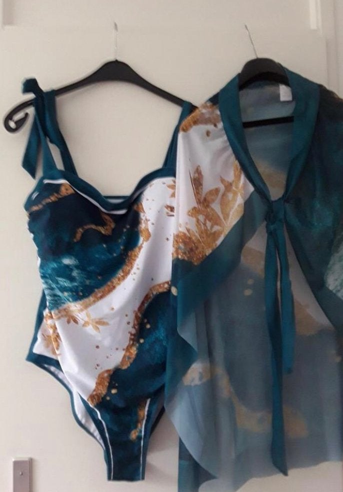 Nieuw Badpak met omslagdoek blauw,wit, goud maat 2x XL, Ophalen of Verzenden, Nieuw, Overige kleuren, Badpak