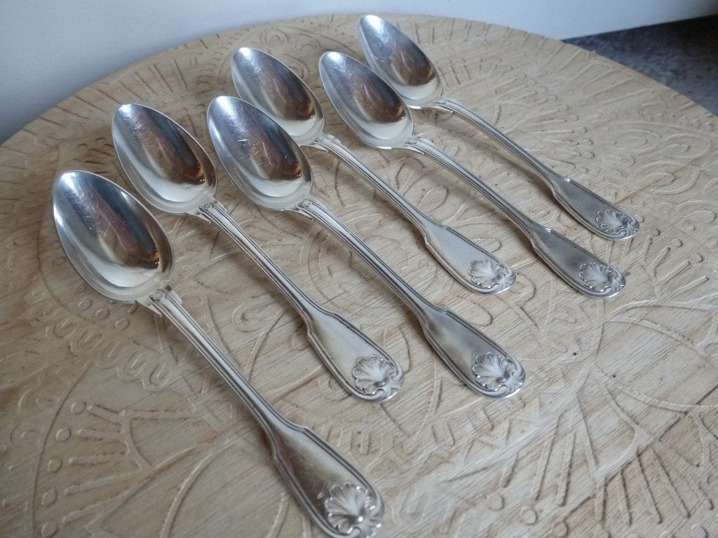 Dessertlepels Marot met schelpmotief, Gebruikt, Los bestek, Ophalen of Verzenden, Zilver
