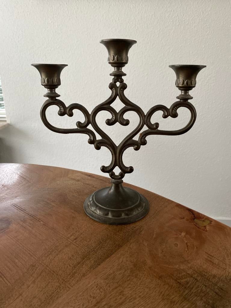 Tinnen kandelaar met drie armen, Ophalen of Verzenden, Koper of Brons