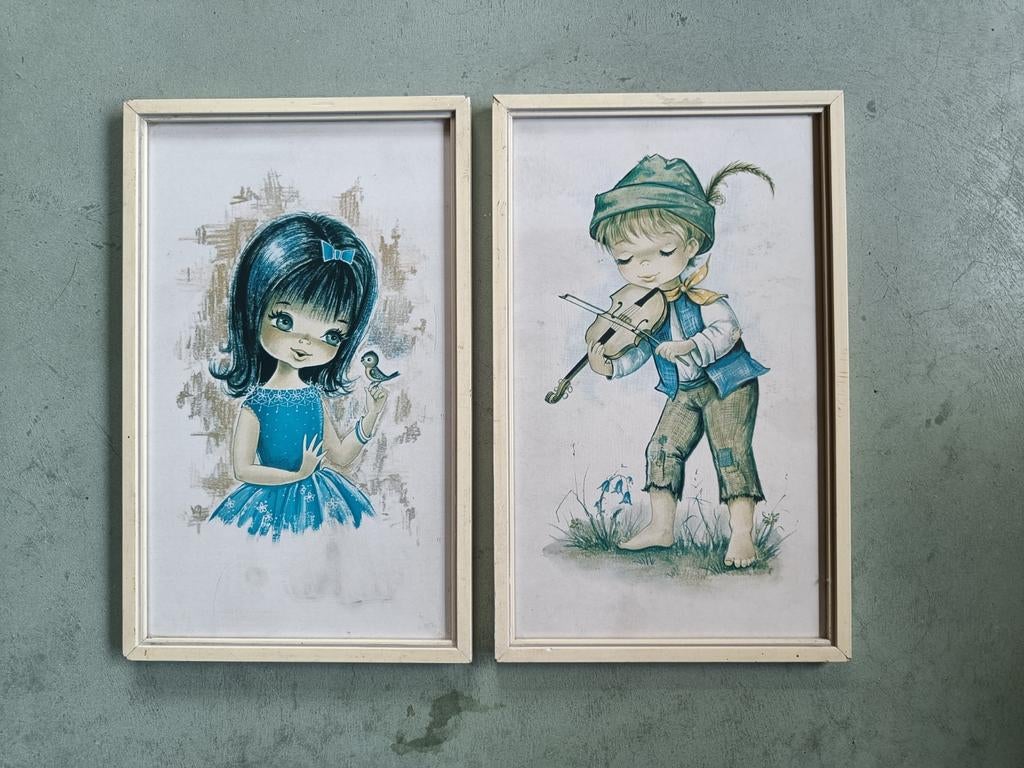 Twee Vintage prenten van jongen & viool en meisje& vogel, Antiek en Kunst, Ophalen of Verzenden