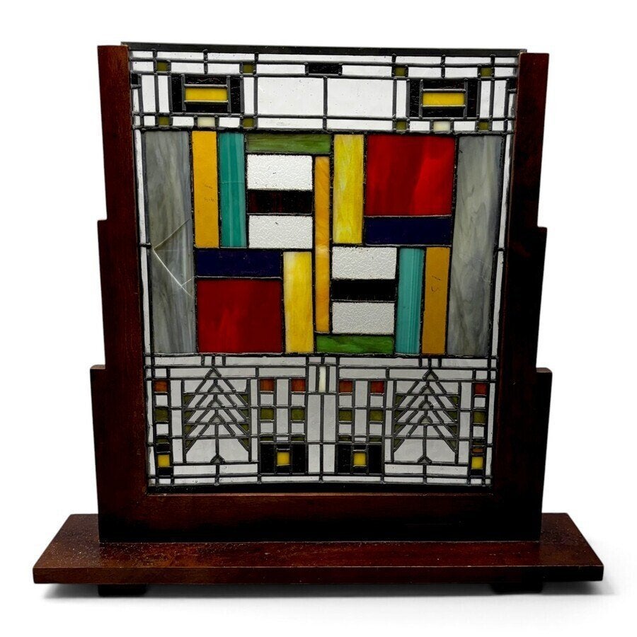 Glas-in-loodraampje, in houten basement, Ophalen of Verzenden