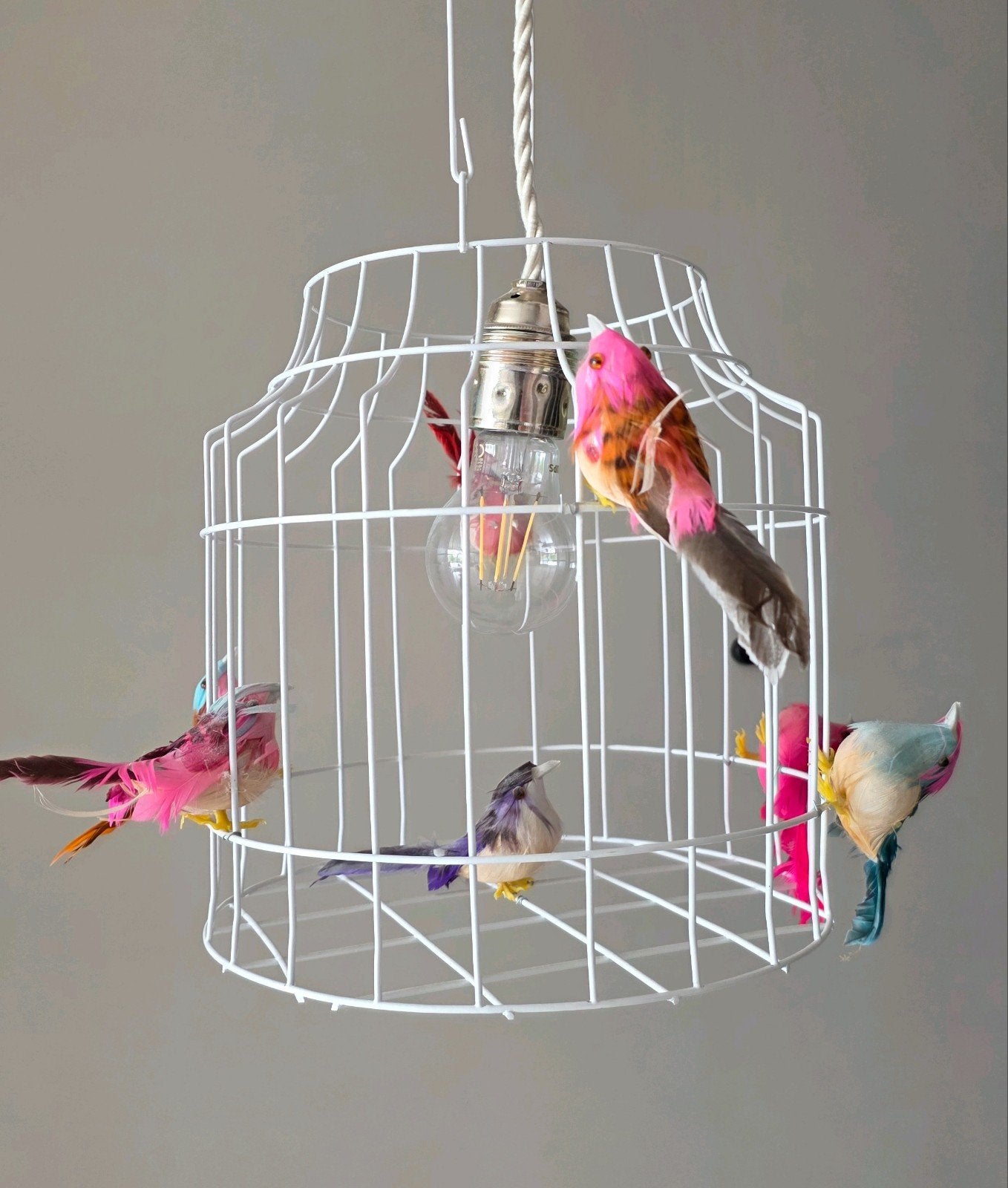 Unieke hanglamp met vogels in kooi - Wit metaal, Ophalen, Zo goed als nieuw