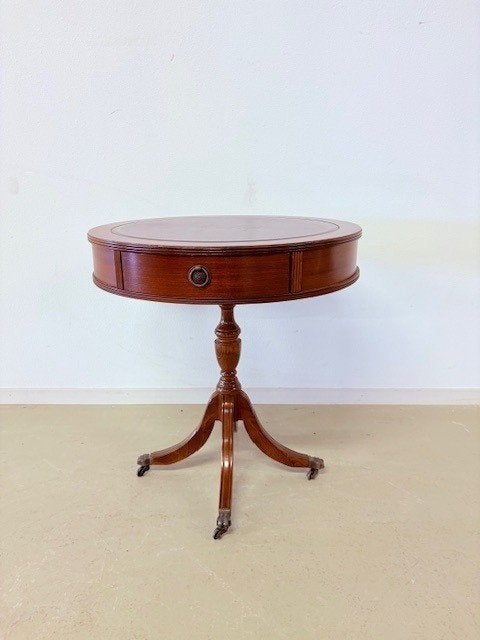 Engelse Drumtable, blad ingelegd met leer, Ophalen, Gebruikt, Rond, 55 tot 75 cm