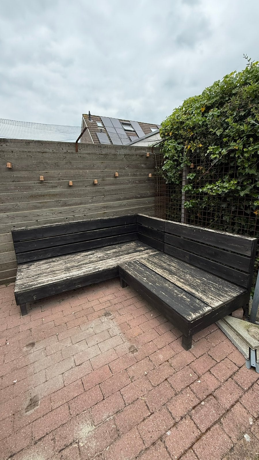 Houten (pallet) bank inclusief palletkussens, Ophalen of Verzenden, Gebruikt, Hout, Tuinset