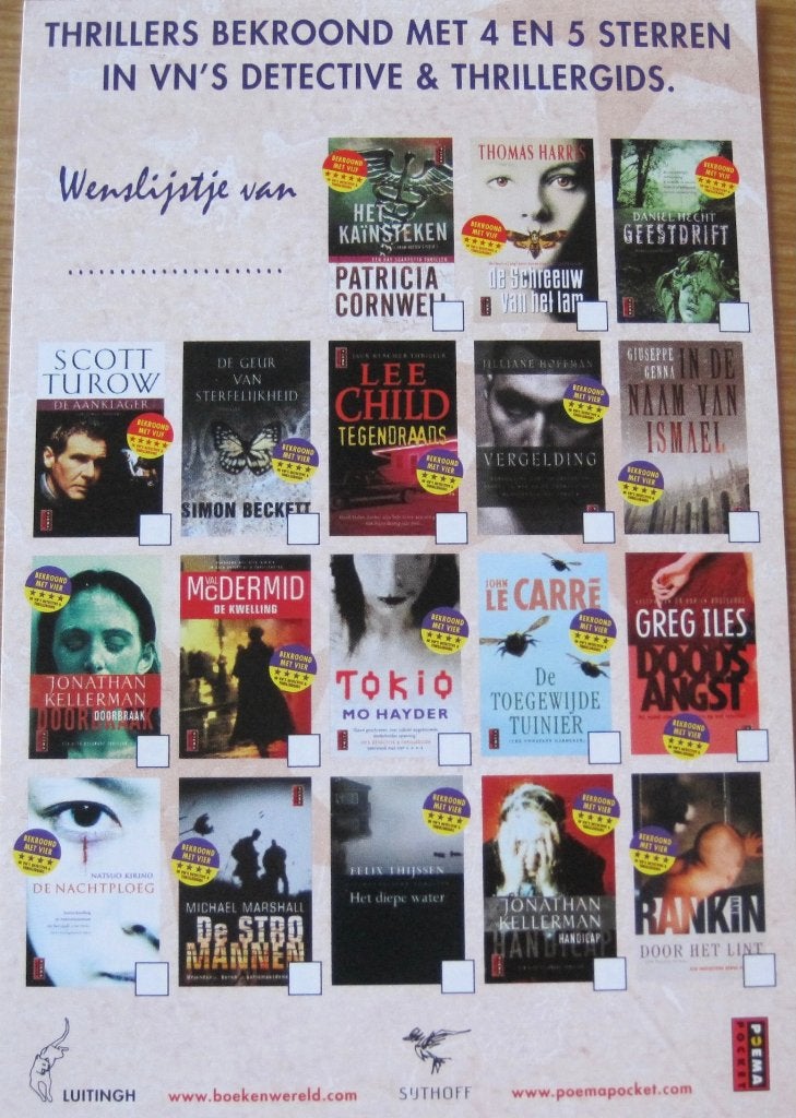 boekomslag van thrillers op nieuwe ansichtkaart, Verzamelen, Verzenden, 1980 tot heden, Ongelopen, Overige thema's