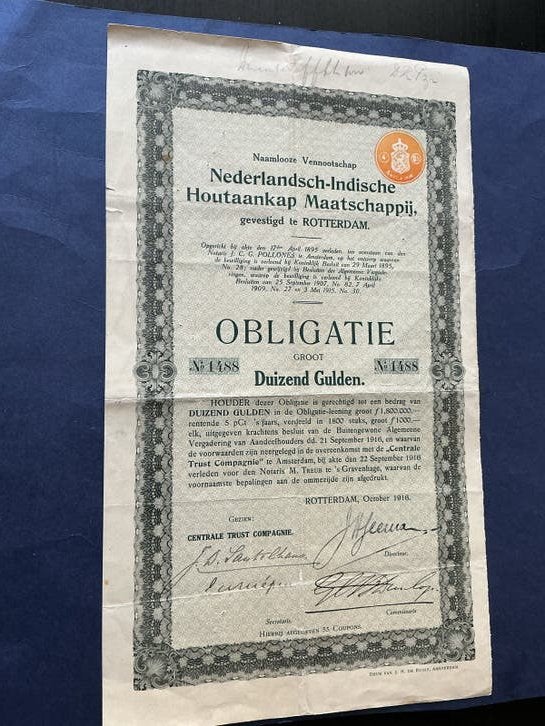 OBLIGATIE Nederlandsch-Indische Houtaankap Maatschappij, Verzenden, Voor 1920, Obligatie of Lening