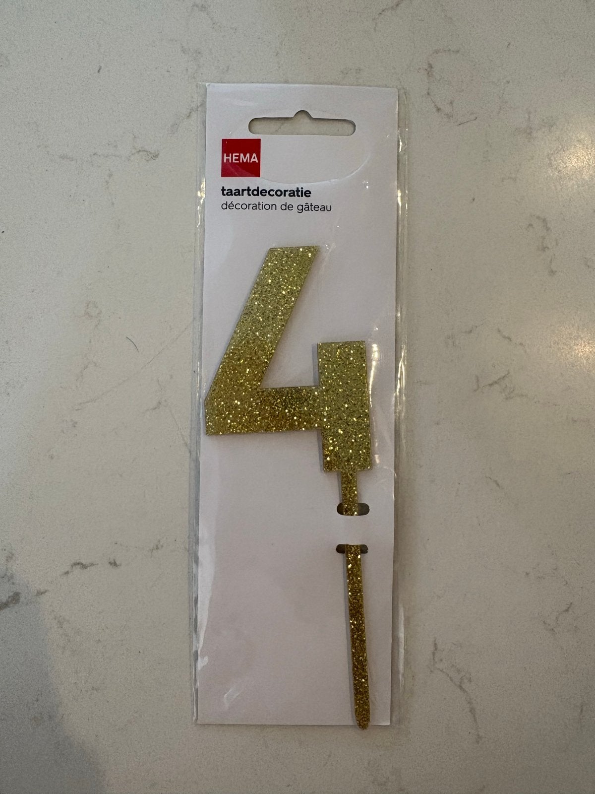 Hema Taartdecoratie Cijfer 4 Goud Glitter Herbruikbaar, Ophalen, Zo goed als nieuw, Versiering, Verjaardag