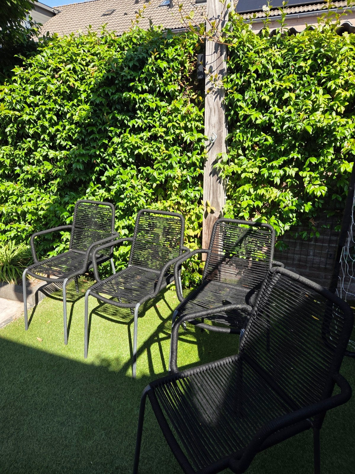 4x Zwarte tuinstoelen met metalen frame, Ophalen, Gebruikt, Metaal