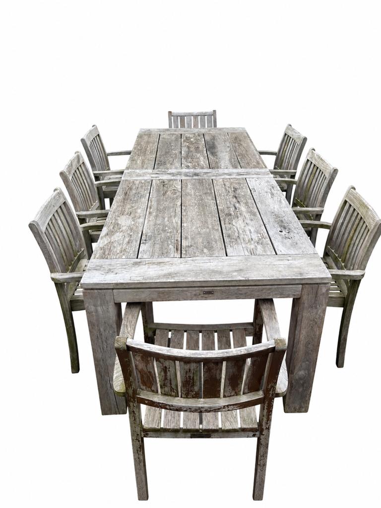 Robuuste houten tuintafel met 8 stoelen, Tuin en Terras, Tuintafels, Ophalen, Gebruikt, Rechthoekig, Hout