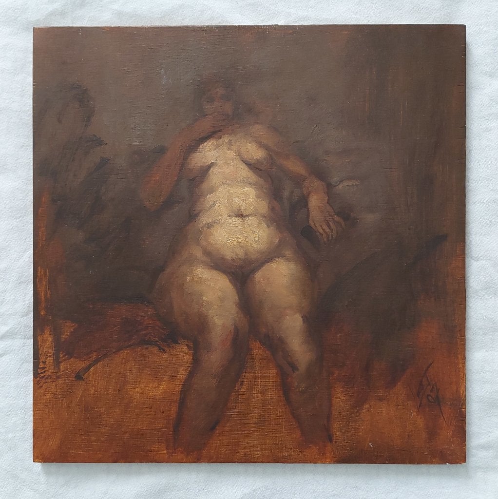 Schilderij van Naakte Vrouw Zittend - Olieverf, Antiek en Kunst, Kunst | Schilderijen | Klassiek, Portret of Personen, Realistisch