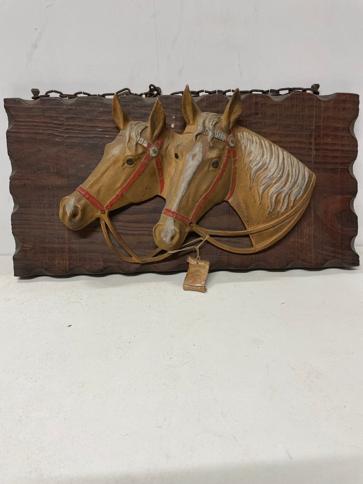 Vintage houten wanddecoratie met twee paardenhoofden, Antiek en Kunst, Ophalen of Verzenden