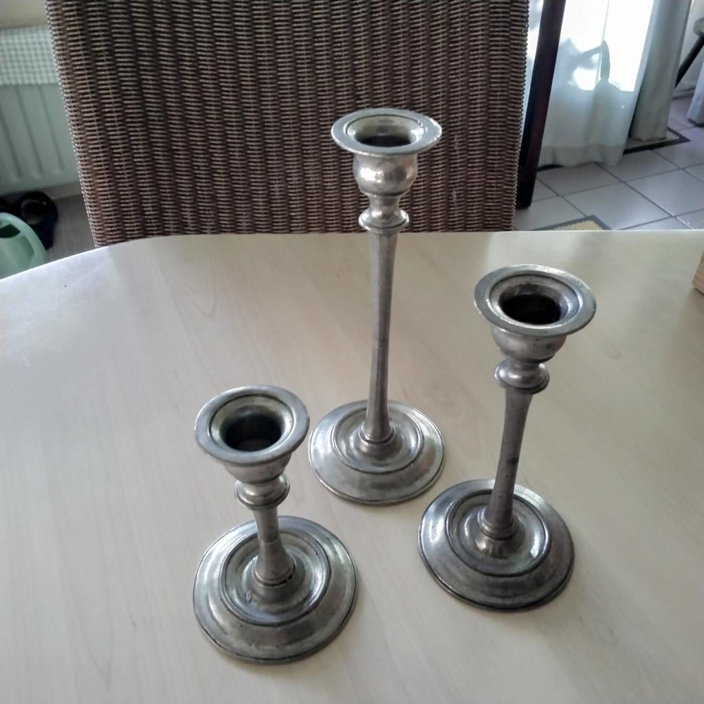 3 zilvertinnen  kandelaars, Ophalen of Verzenden, Zo goed als nieuw, Overige materialen