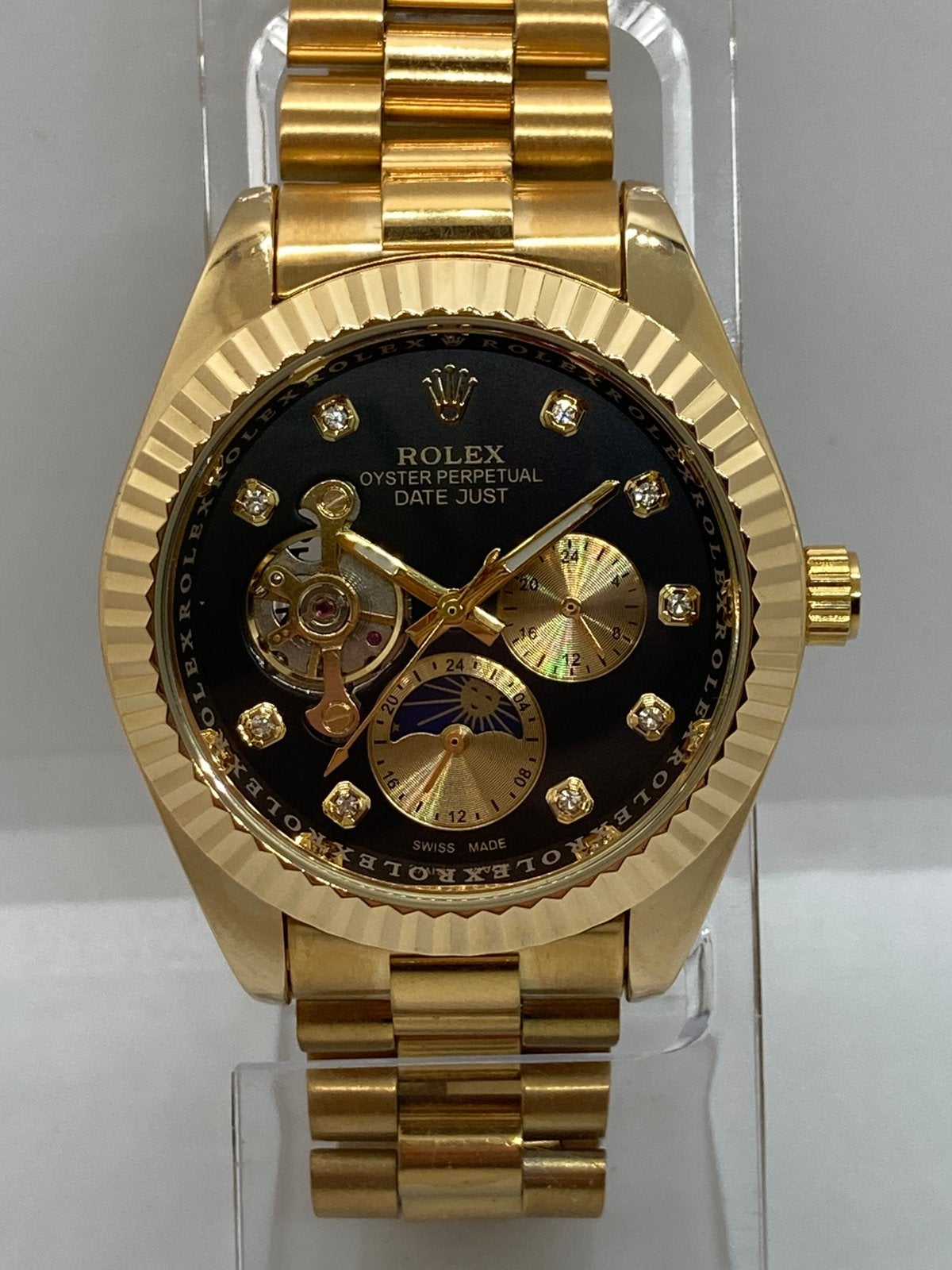 RLX DJ moonphase AUTO goud met zwarte wijzerplaat, Ophalen of Verzenden, Waterdicht, Nieuw, Zwart