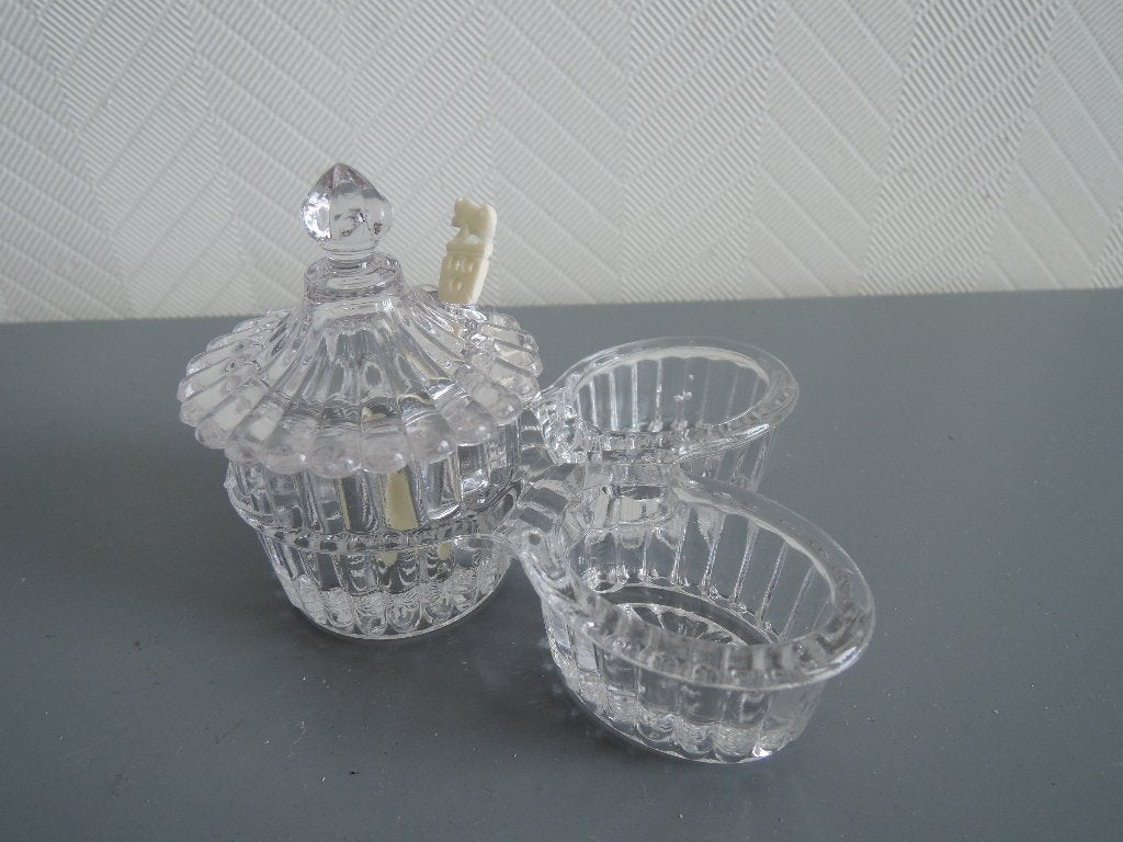 Vintage glazen peper / zout / mosterd stel, Overige typen, Ophalen of Verzenden, Zo goed als nieuw, Glas