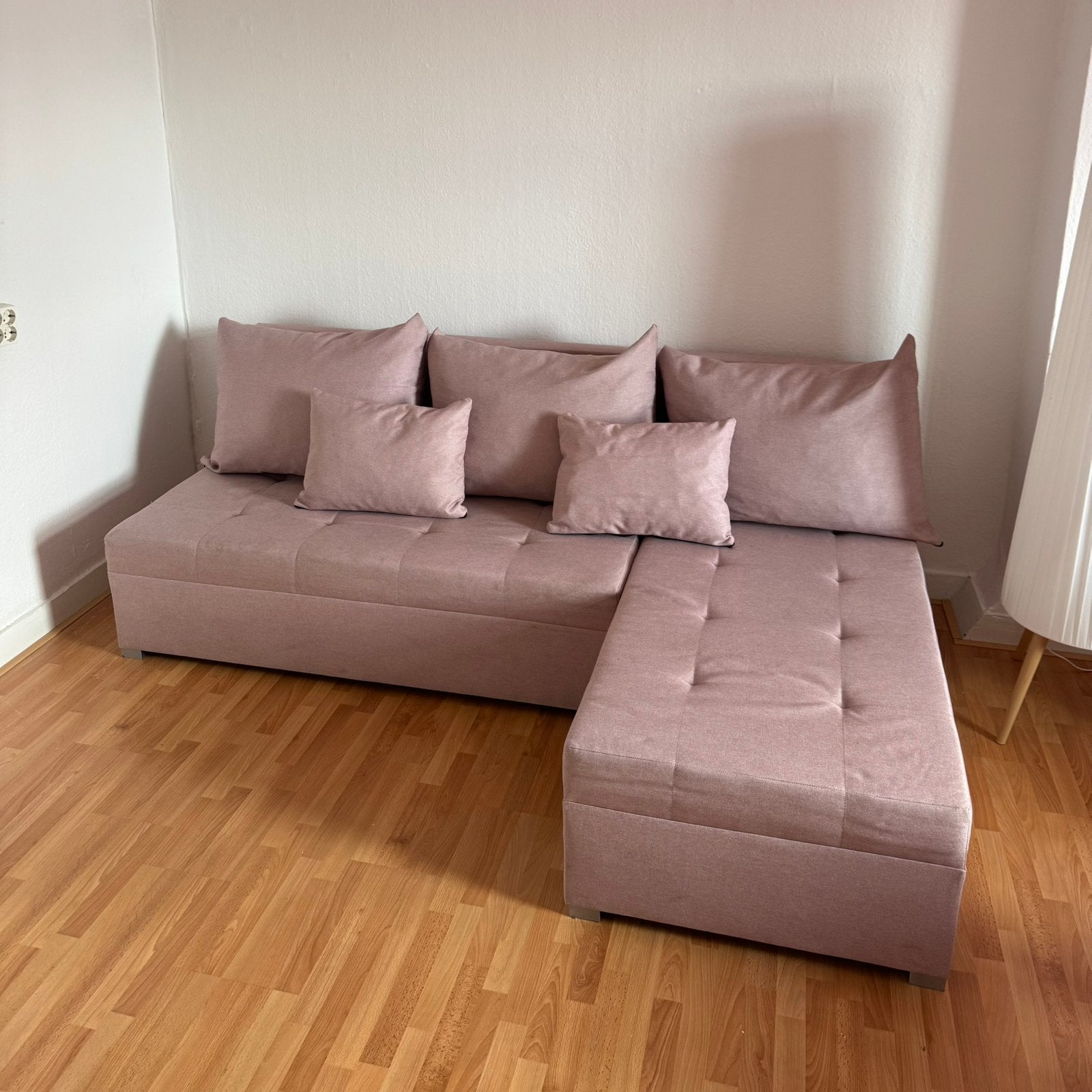 Roze hoek slaapbank met opbergruimte (200x143 cm), Ophalen, Gebruikt, Tweepersoons, 140 cm